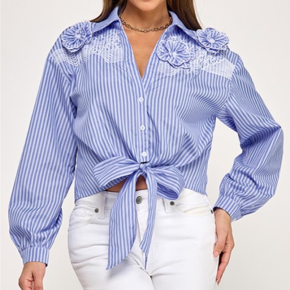 Blue Striped Women's Top with Floral Accents